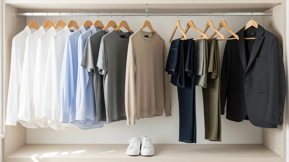 Minimal capsule wardrobe for men with neutral clothing organized neatly in a modern closet