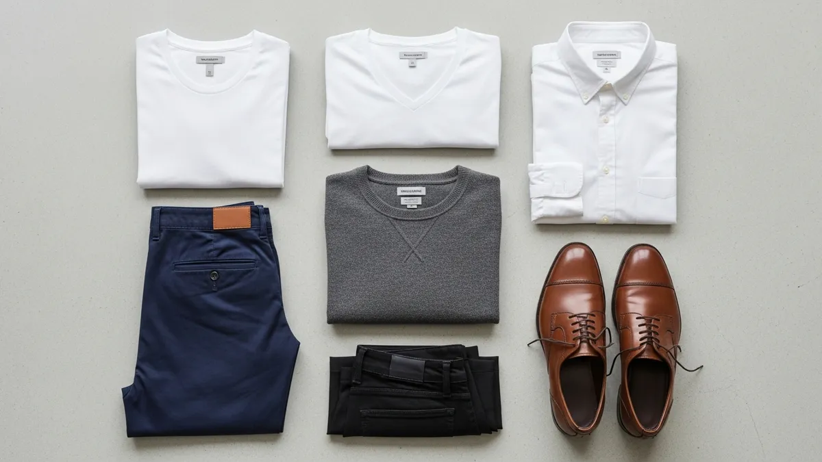 Flat lay of men's capsule wardrobe essential clothing pieces including shirts, pants, and shoes