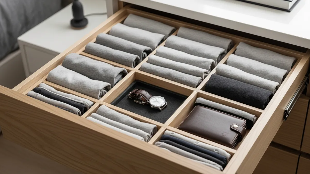 Organized men's dresser drawer with folded clothes and accessories using drawer dividers