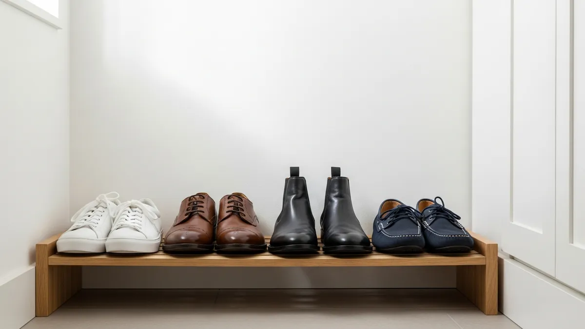 Men's capsule wardrobe shoes organized on a wooden shoe rack including sneakers boots and loafers