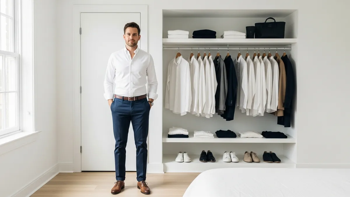Man wearing a capsule wardrobe outfit of white shirt navy chinos and brown shoes in a minimal bedroom