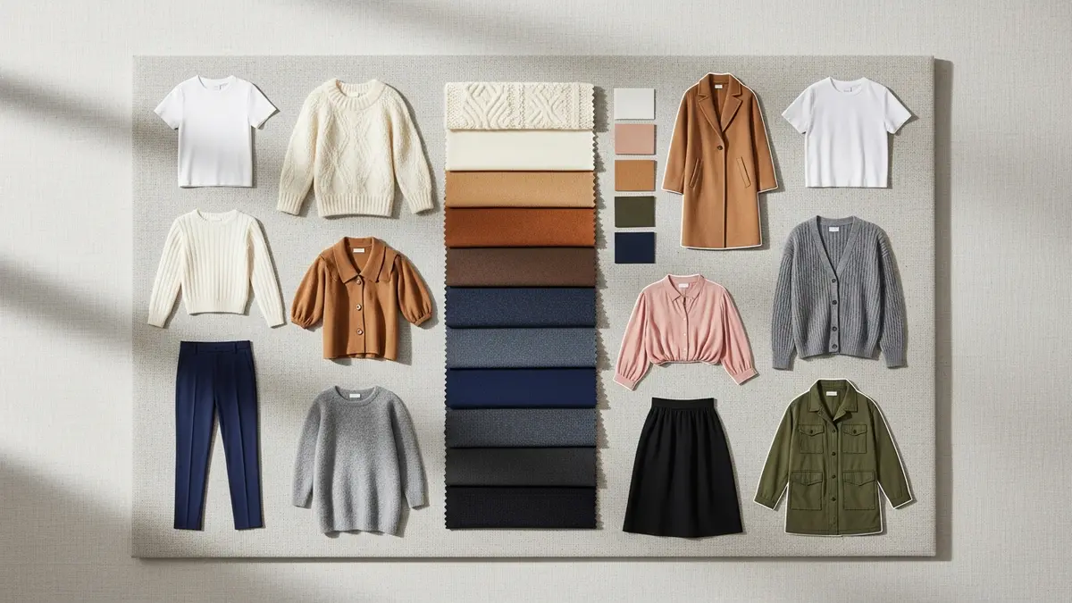 Neutral color palette for building a women's capsule wardrobe with base and accent color swatches