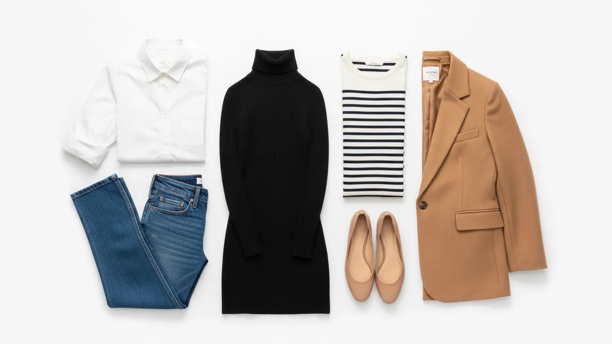 Essential capsule wardrobe pieces for women including blazer, white shirt, dark jeans, and little black dress