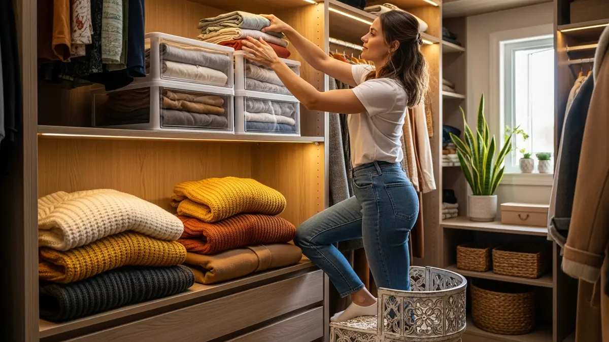 Woman rotating seasonal capsule wardrobe items and storing off-season clothes in clear storage bins
