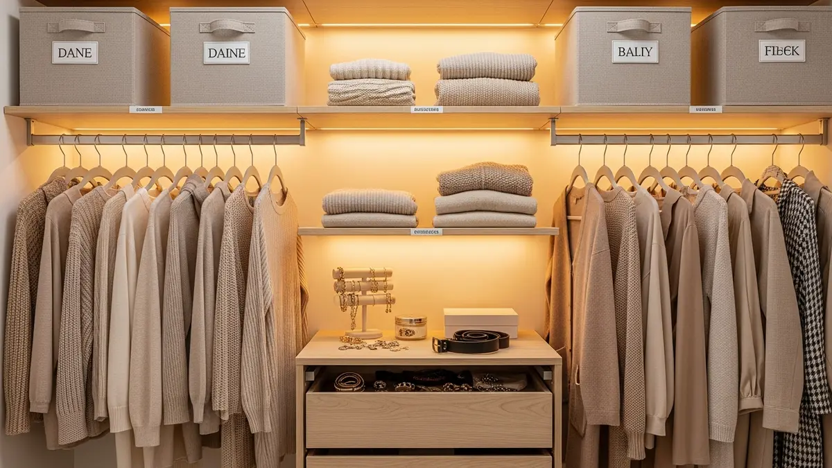 Organized capsule wardrobe storage for women using velvet hangers, shelf dividers, and fabric storage bins