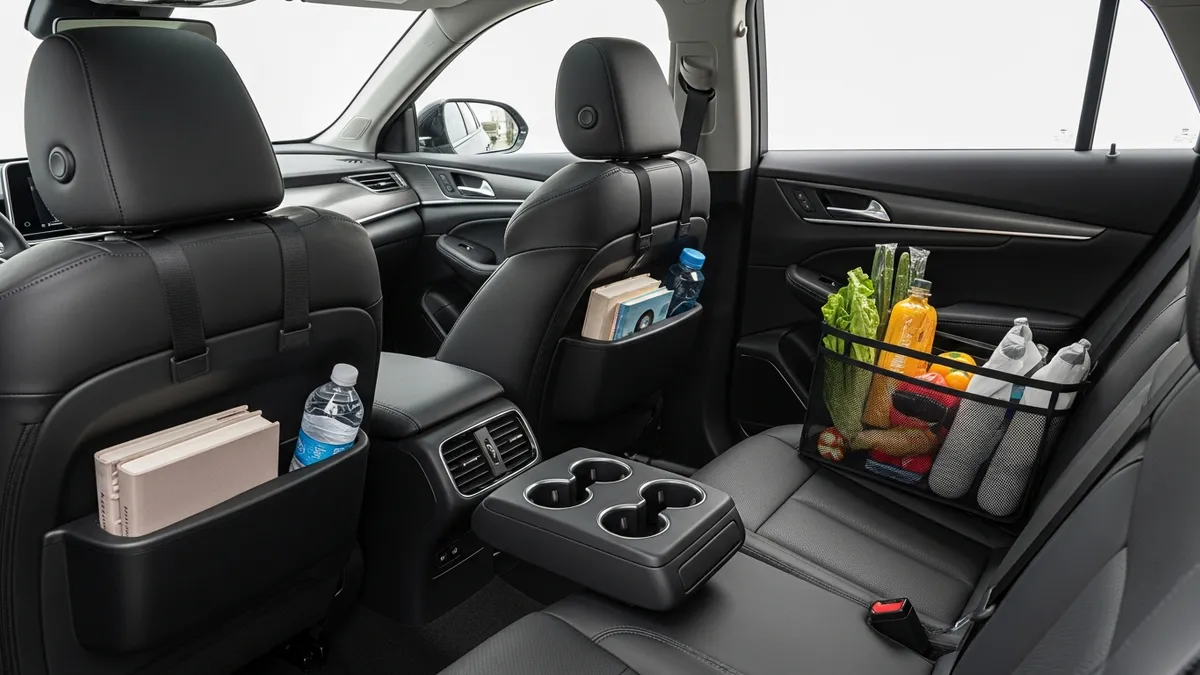 Well-organized car interior with trunk organizer and backseat storage caddy