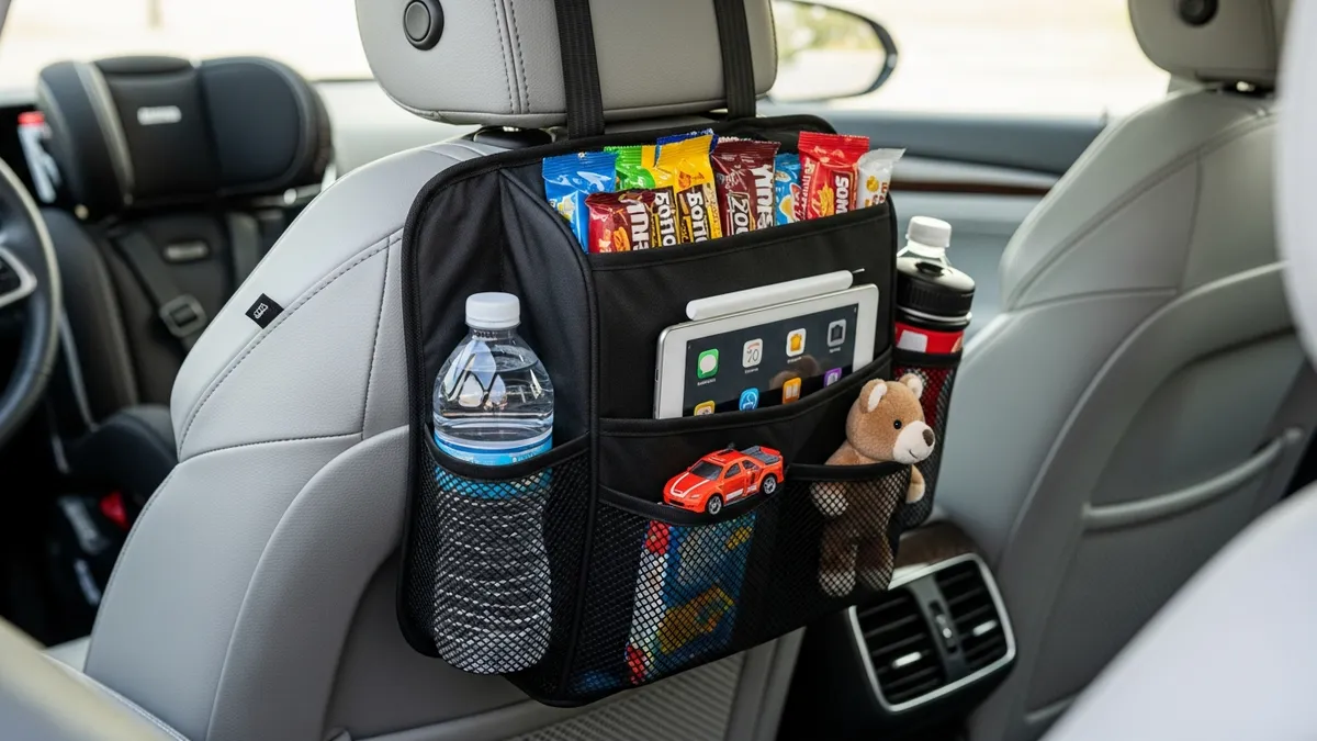 Car backseat organizer caddy holding water bottles snacks and tablets