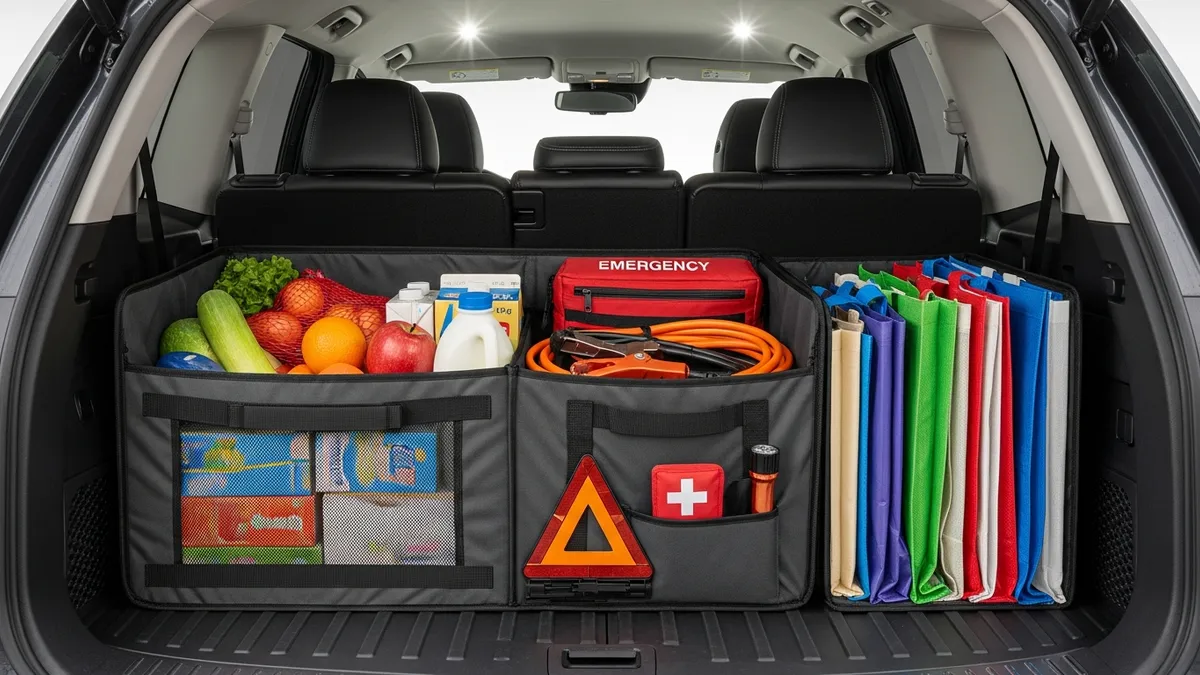 Collapsible trunk organizer dividing groceries and emergency kit in car trunk