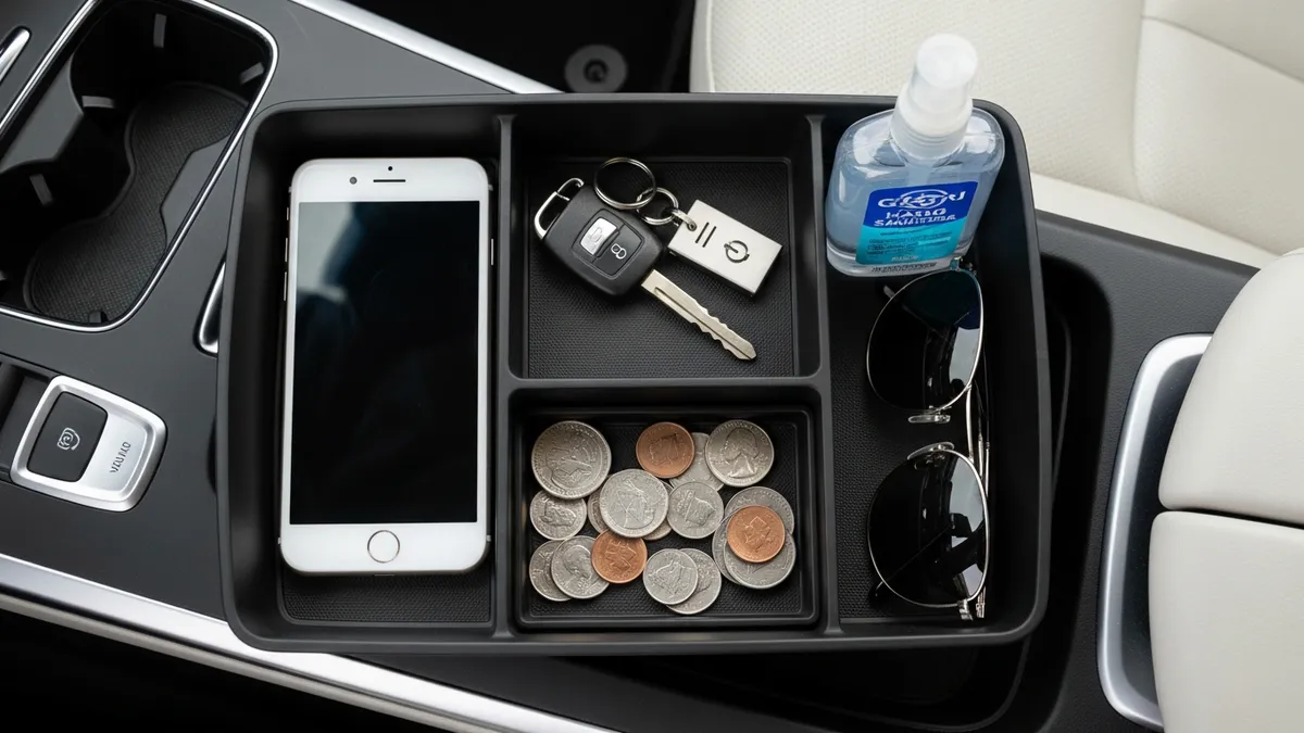 Car center console organizer insert with compartments for phone keys and coins