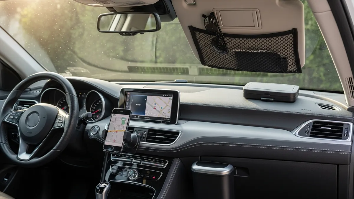 Car dashboard with phone mount and sun visor storage pocket for organization