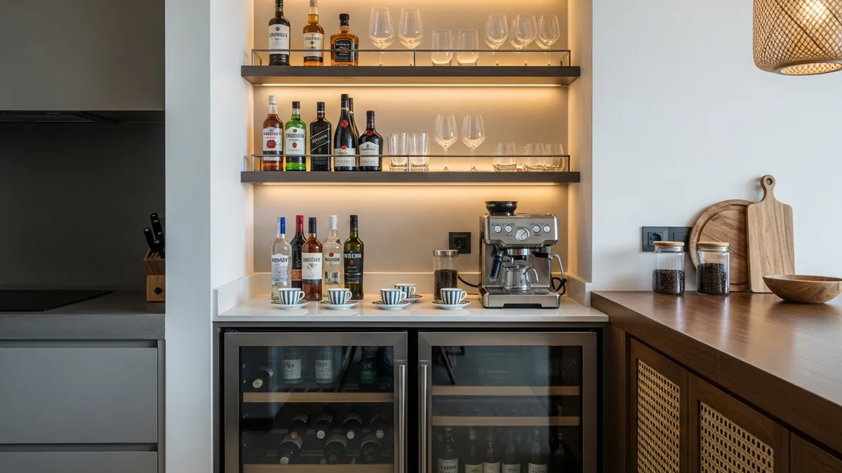Final result of a neat and functional minimalist mini kitchen bar