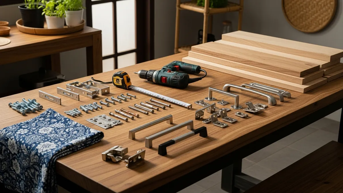 Materials and tools needed to create a minimalist mini kitchen bar