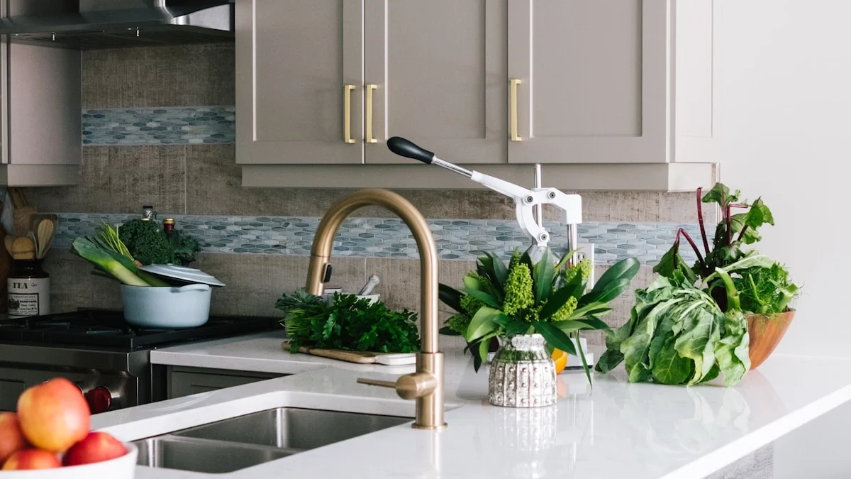 Modern minimalist kitchen with white color and natural wood accents