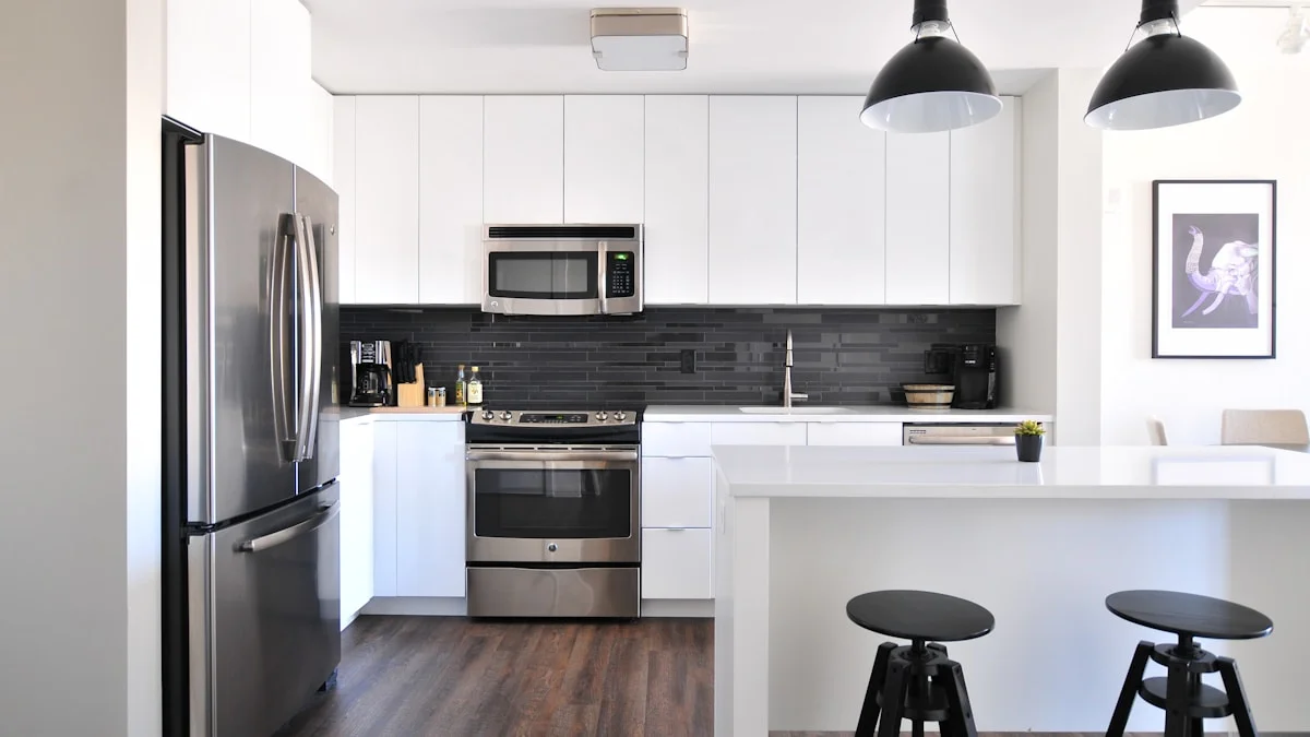 Kitchen wall with hanging shelves, magnetic knife strip, and pegboard for equipment