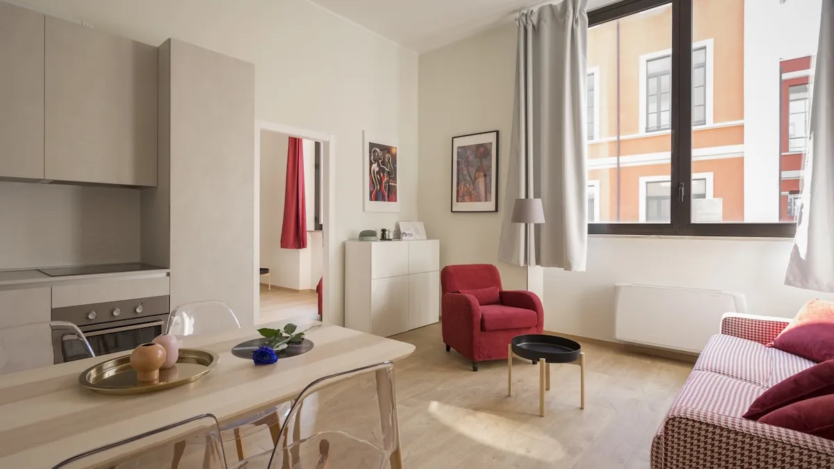 A small organized room with multifunctional furniture and vertical storage