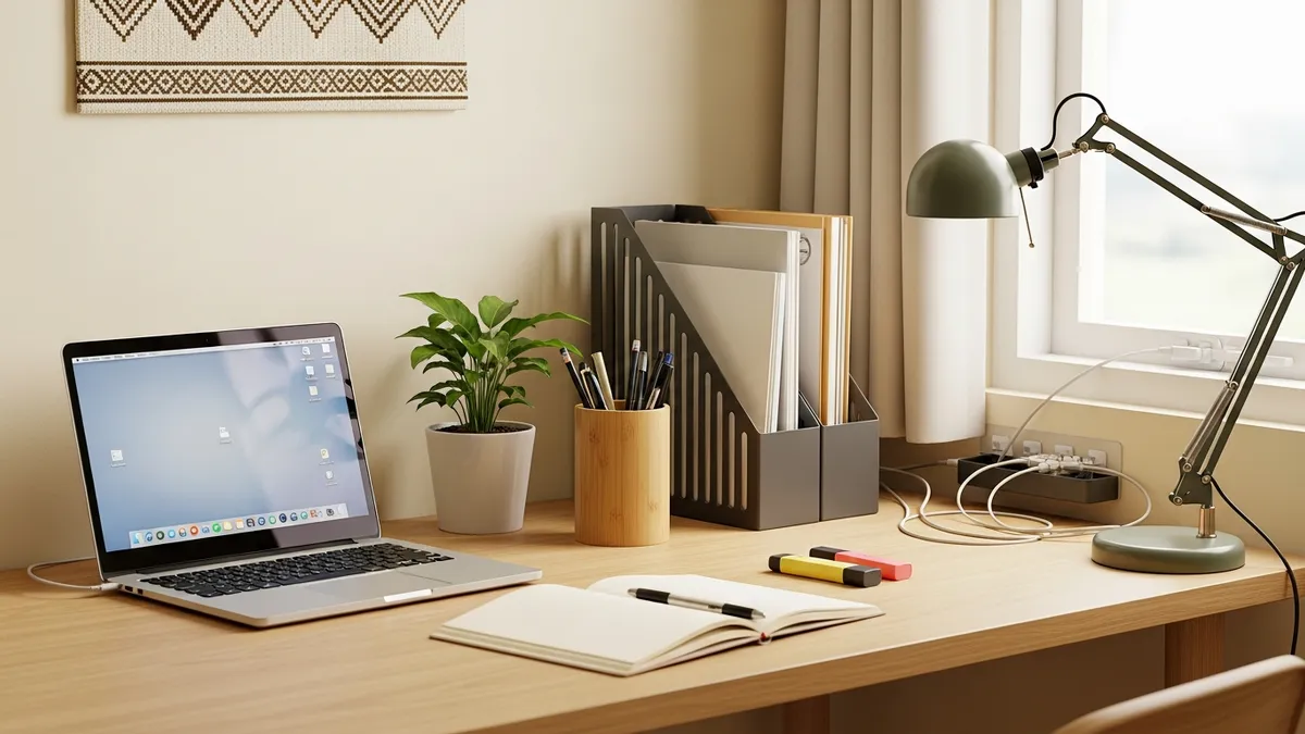 Organized work desk with various organizers and document storage systems