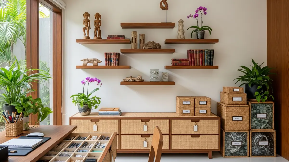 Various home office storage solutions such as wall shelves and drawer organizers