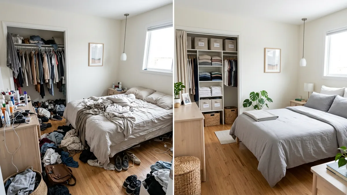A minimalist bedroom with a neat bed and organized nightstand