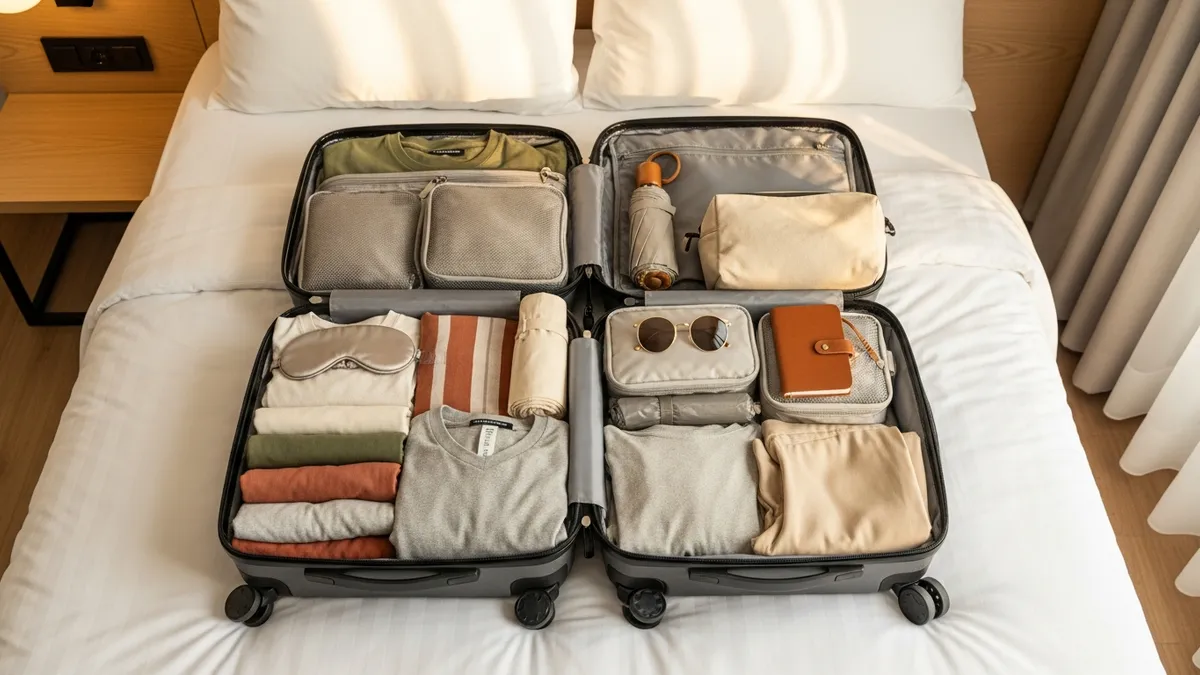 Organized carry on suitcase packed with packing cubes and folded clothes on a bed