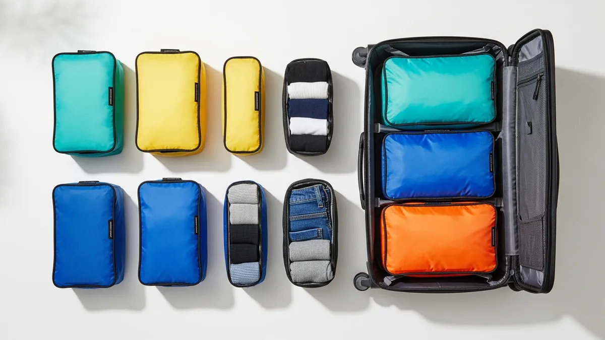 Compression packing cubes with rolled clothes next to a carry on bag