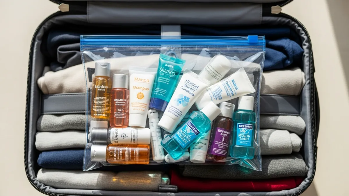 TSA-compliant clear toiletry bag with travel-size bottles on a carry on bag