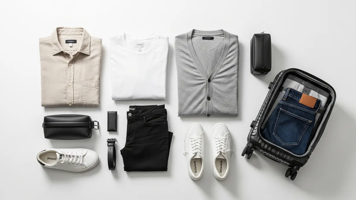 Capsule travel wardrobe with neutral clothes laid out next to a carry on suitcase
