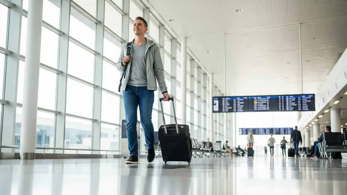 Traveler at airport gate with carry on suitcase and personal item backpack