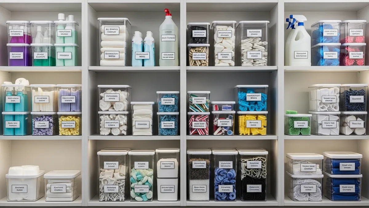 Categorized cleaning supplies organized in labeled clear storage containers