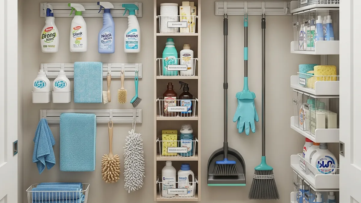 Small cleaning closet maximized with space-saving organization solutions