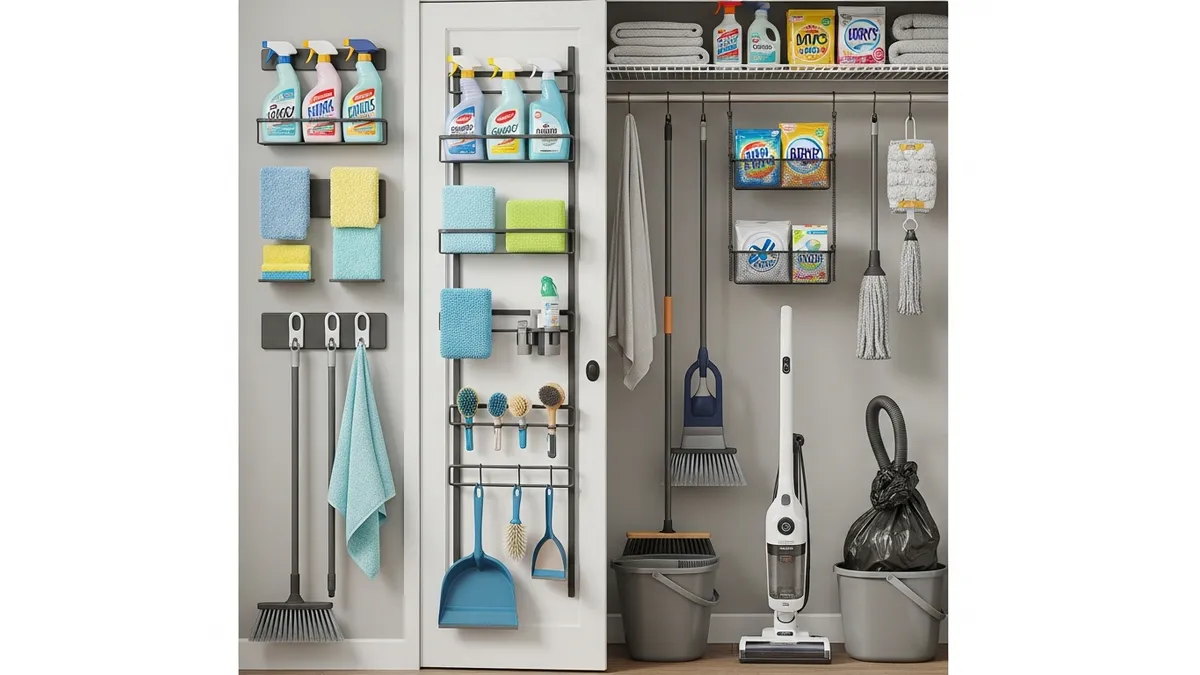 Vertical cleaning closet organization system maximizing wall and door space