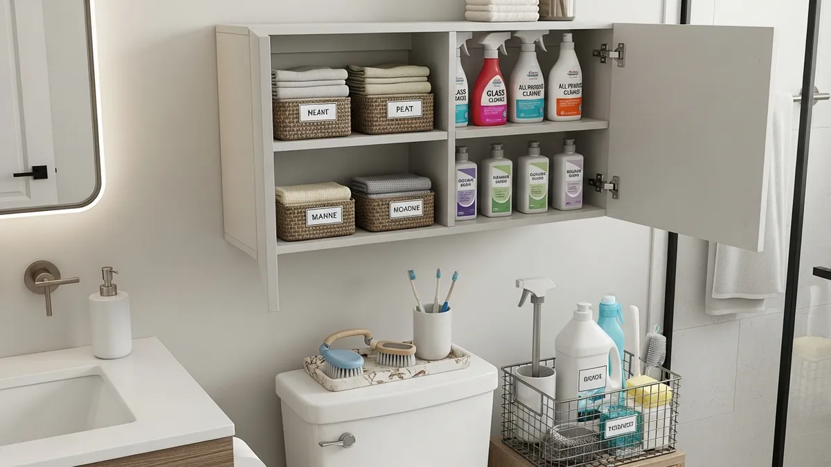 Bathroom cleaning organization system with vertical storage solutions and organized supplies