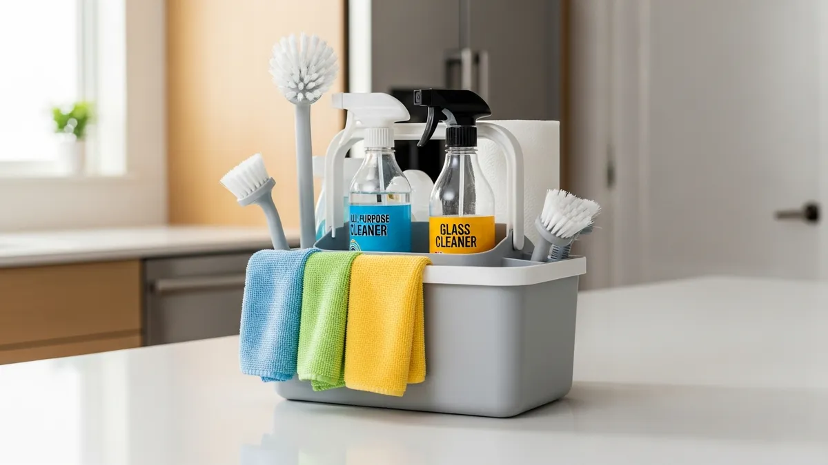 Portable cleaning organization caddy with essential cleaning supplies arranged efficiently