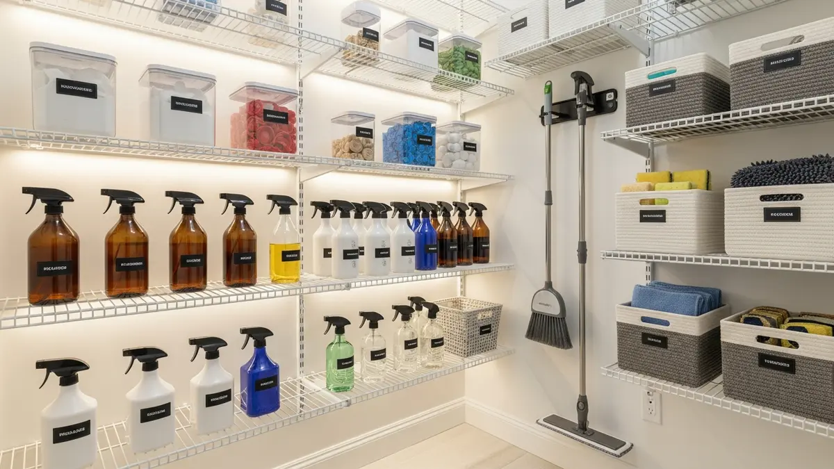 Well-organized cleaning supply storage system with labeled containers and efficient shelving solutions
