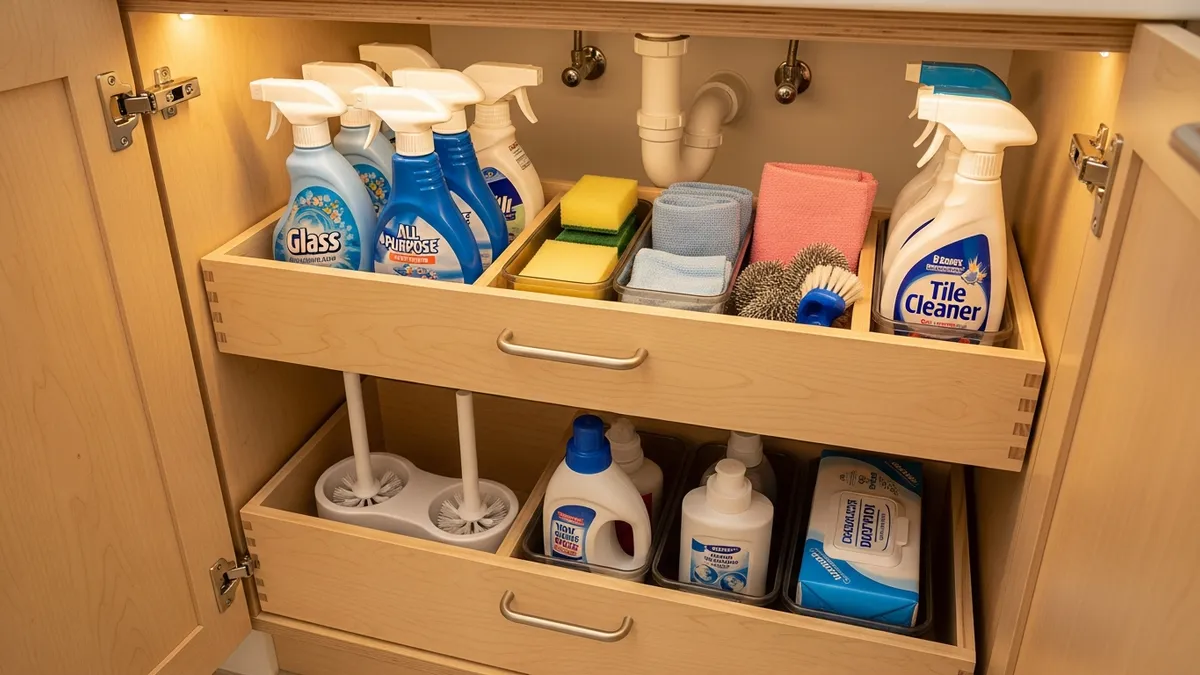 Under sink cleaning organization system with pull-out storage drawers and labeled containers