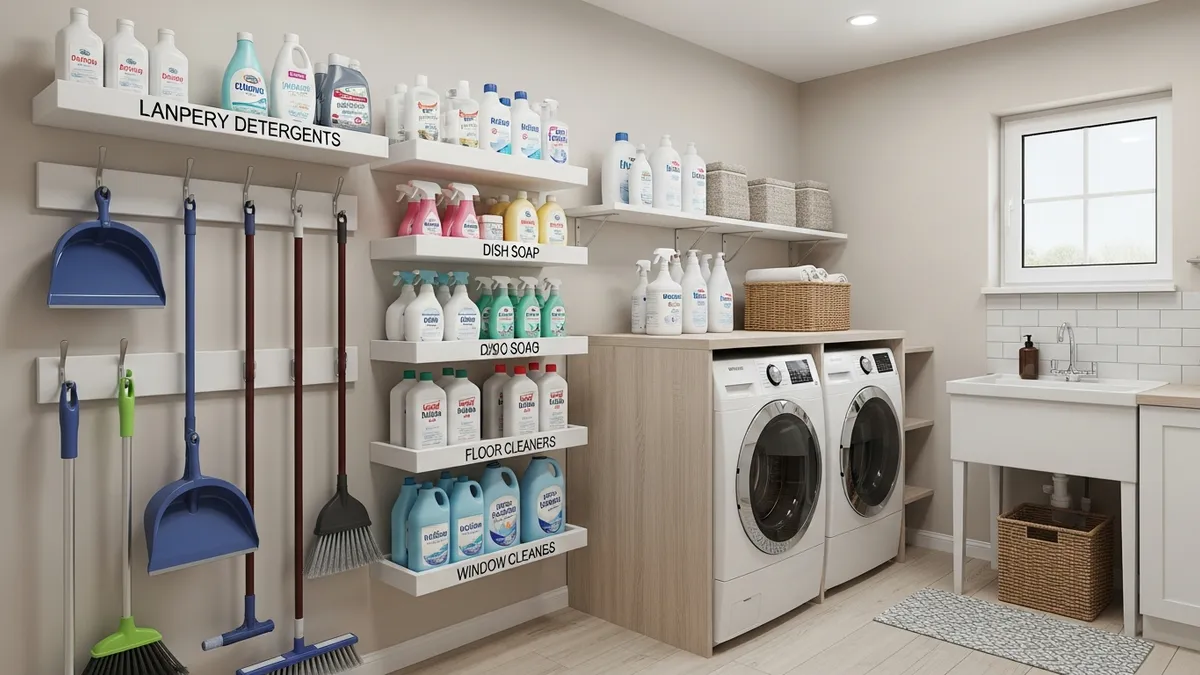 Comprehensive utility room cleaning organization with wall storage and systematic arrangement