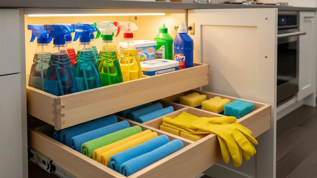 Under sink cleaning supply organization system with pull-out drawers and clear containers