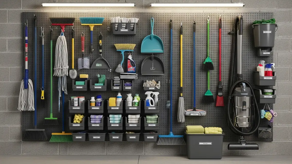 Wall mounted cleaning supply organization system in garage with pegboard and storage bins