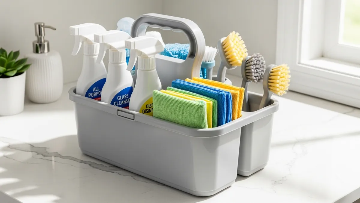 Portable cleaning supply caddy with organized cleaning products and tools