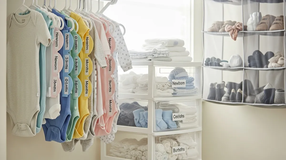 Baby clothes organized by size in nursery closet with dividers