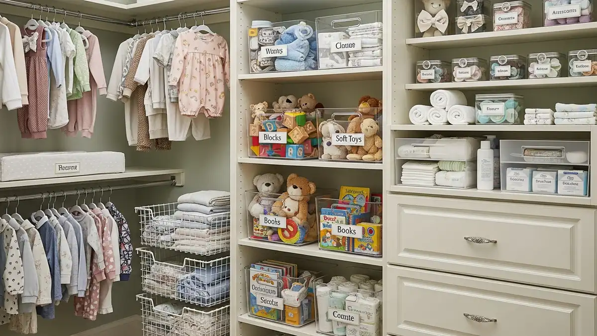 Complete closet organization system for nursery with labeled zones