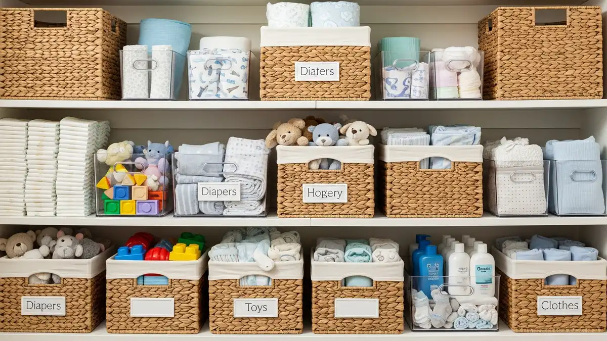 Nursery storage solutions with baskets and bins for baby essentials