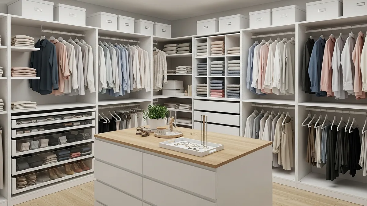 IKEA closet organization ideas featuring white storage systems and organized clothing