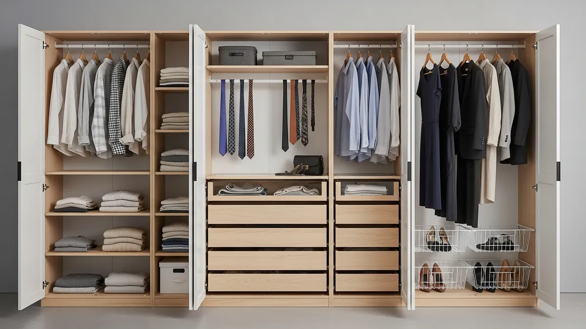 IKEA PAX closet organization system with drawers and hanging compartments