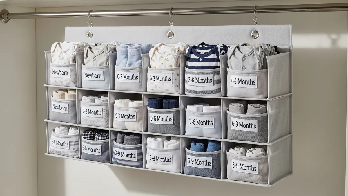 Hanging organizer system for closet organization nursery showing size-sorted baby clothes