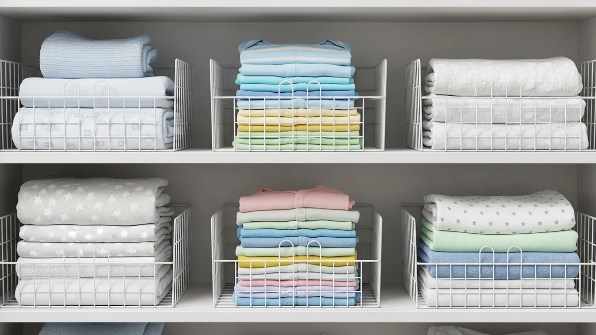 Shelf dividers creating organized sections in nursery closet for efficient closet organization nursery