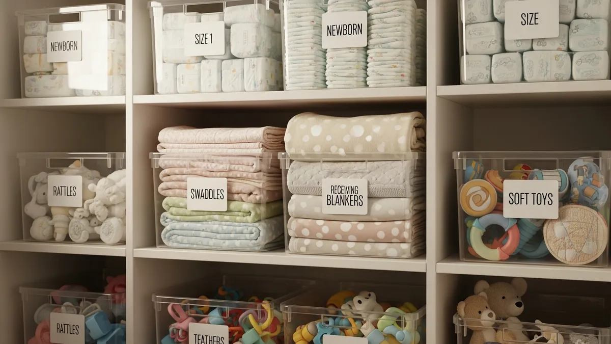 Labeled storage bins for nursery closet organization showing efficient baby item storage