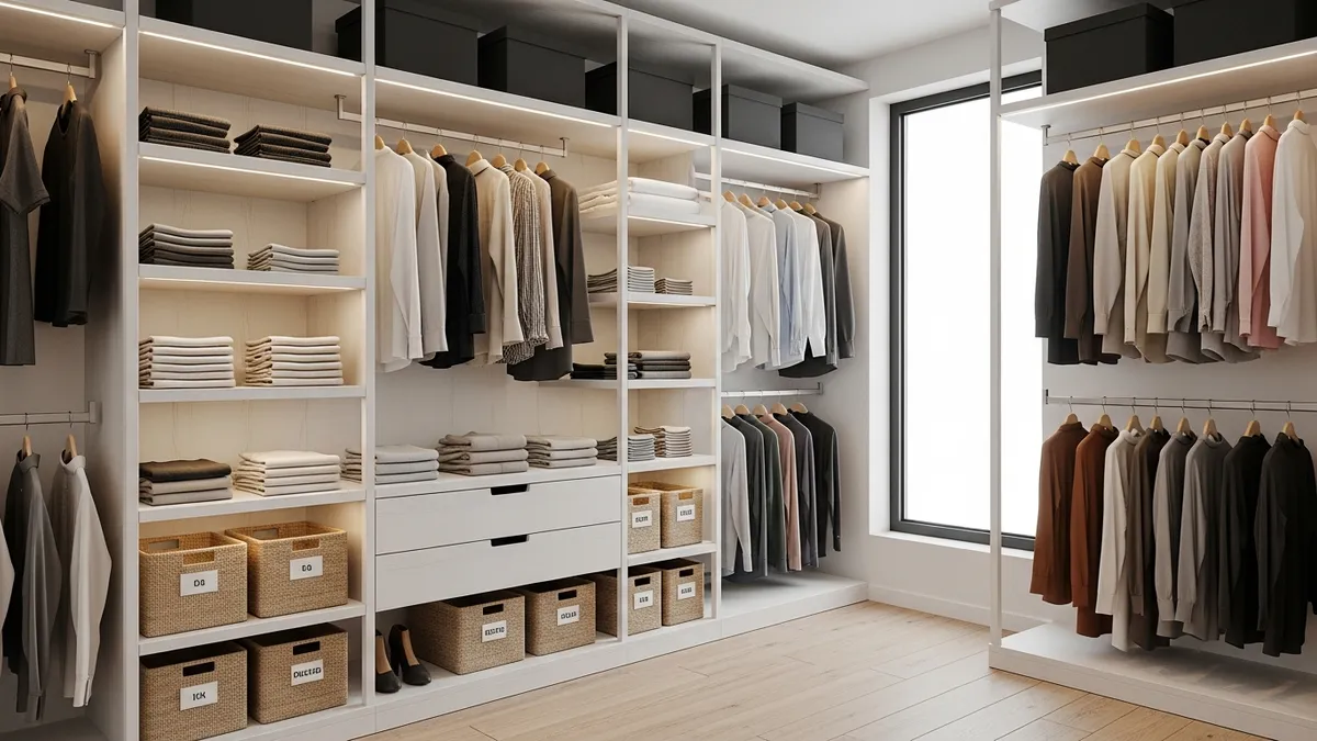 Beautifully organized closet shelves with folded clothes, storage bins, and color-coordinated hanging garments