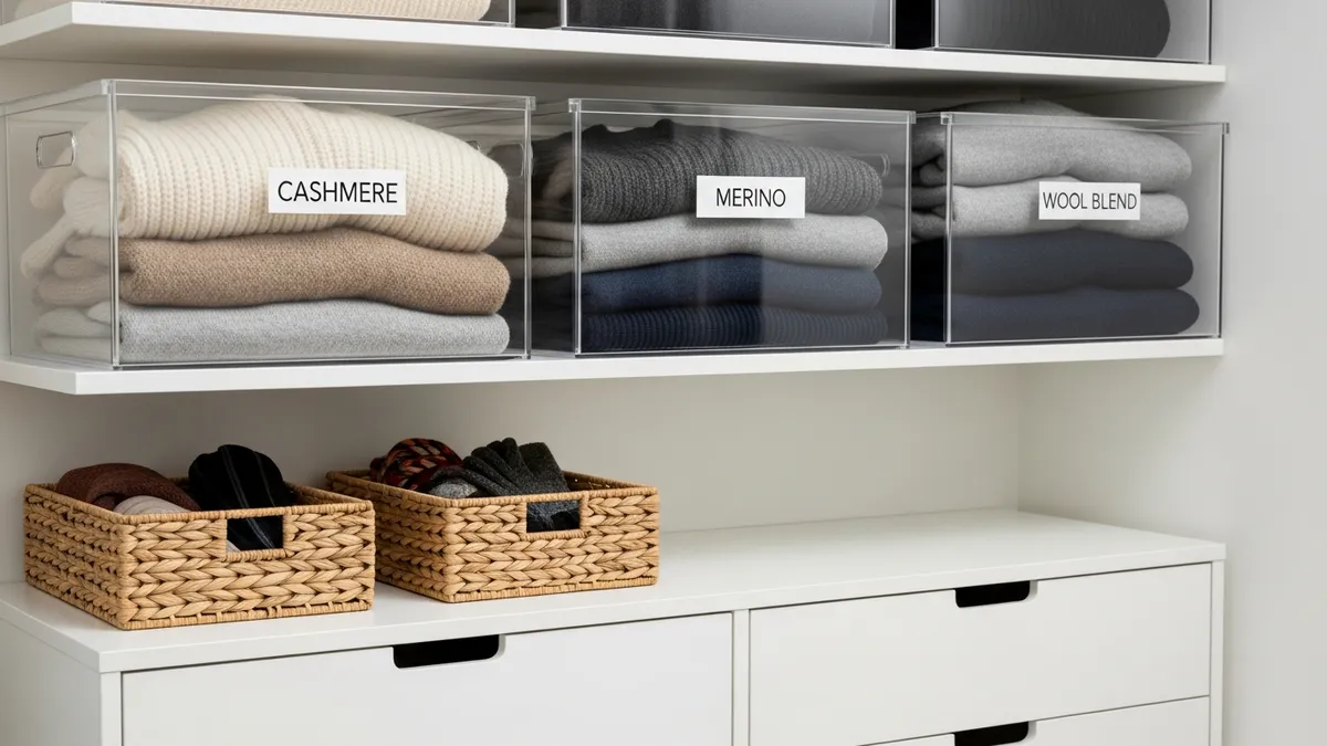 Labeled clear storage bins and neatly folded sweaters on organized closet shelves