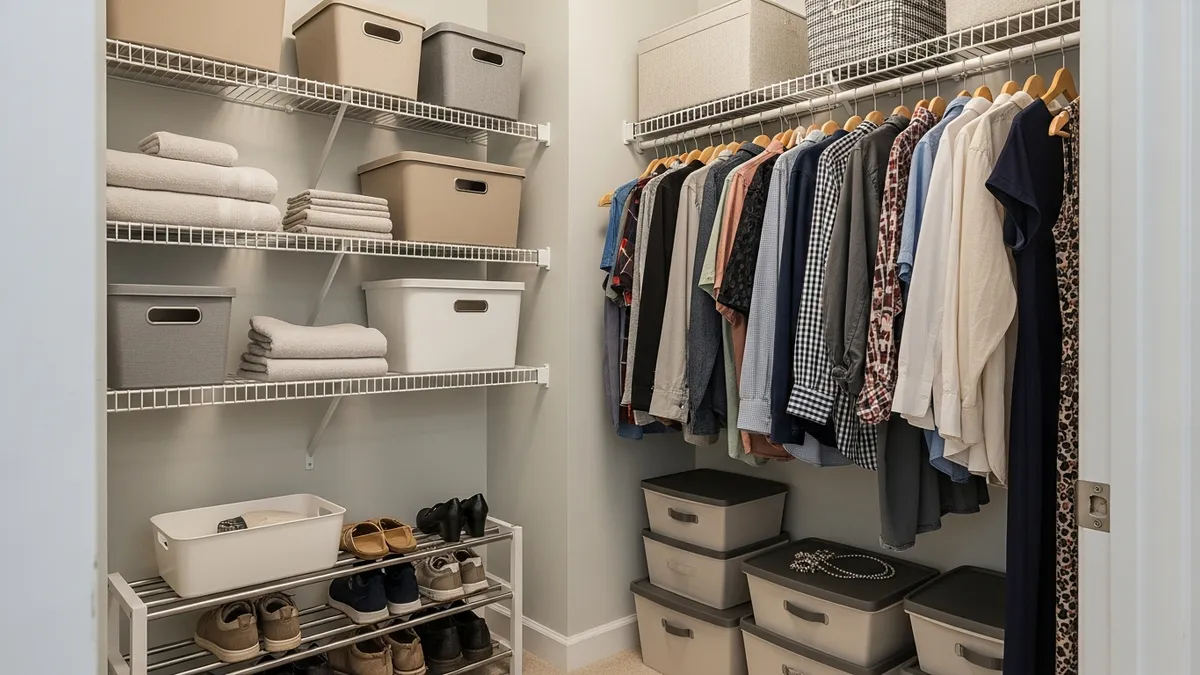 Small closet with adjustable wire shelves, shoe rack, and stackable storage bins for budget organization