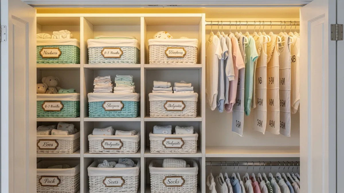Nursery closet with pastel shelves, labeled baskets, and neatly organized baby clothes